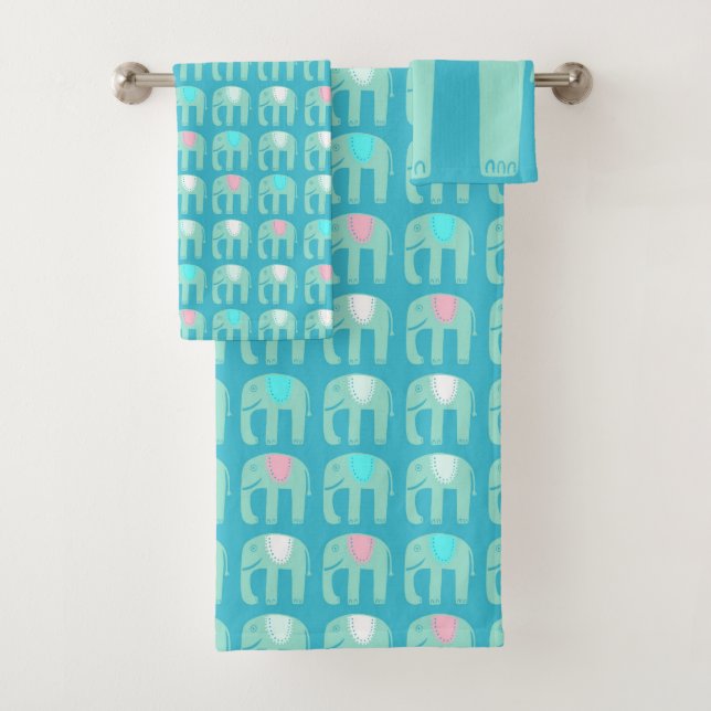 Elephant Pattern Aqua Bath Towel Set (Insitu)