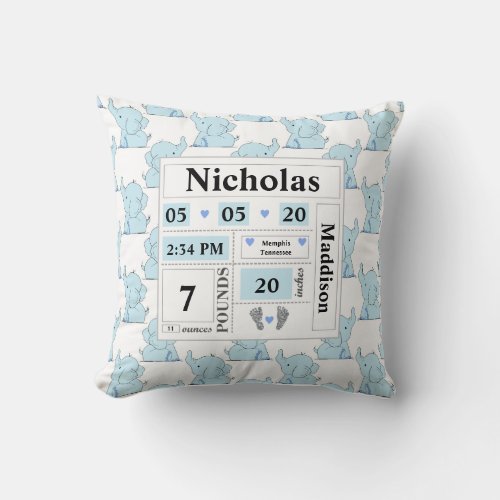 Elephant Pattern Birth Announcement Stats Blue Throw Pillow