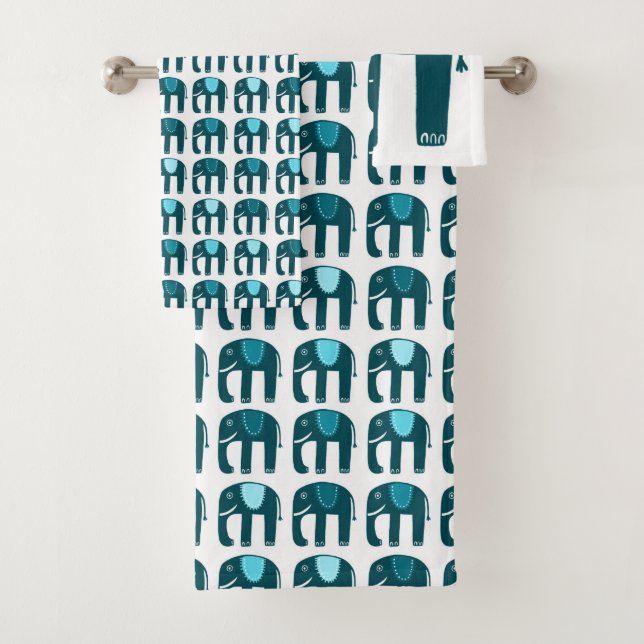 Elephant Pattern Blue Bath Towel Set (Insitu)