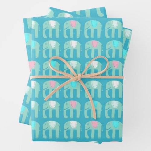 Elephant Pattern Cute Bright Simple Pink Aqua Gift Wrapping Paper Sheets