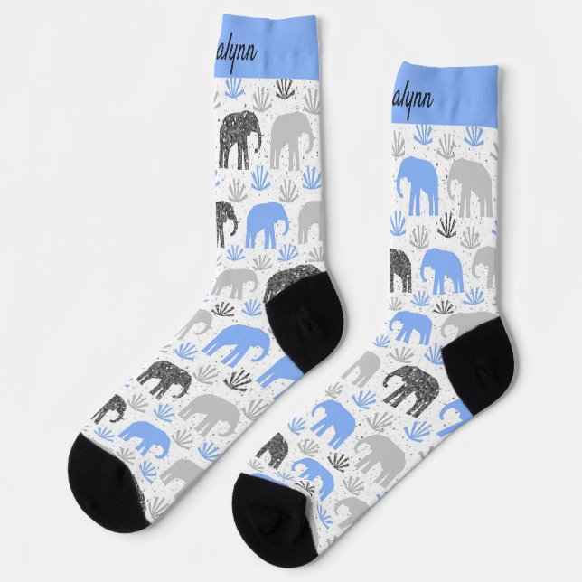 Elephant pattern gray blue glittery with name socks (Left)