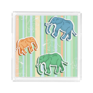 Elephant Pattern On Green Stripes Acrylic Tray