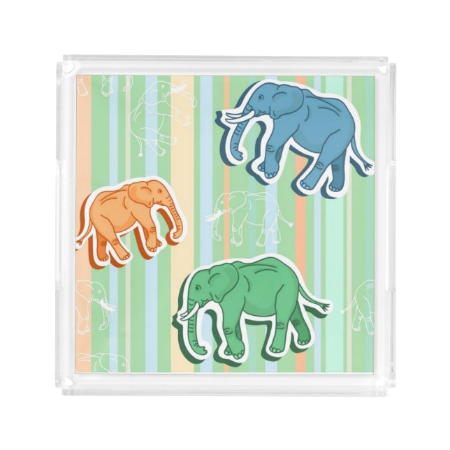 Elephant Pattern On Green Stripes Acrylic Tray (Front)