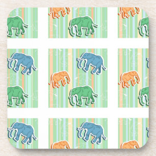 Elephant Pattern On Green Stripes Drink Coaster