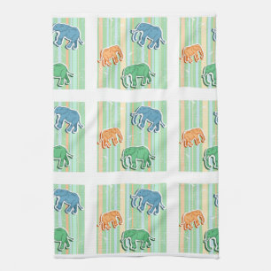 Elephant Pattern On Green Stripes Kitchen Towel