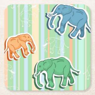 Elephant Pattern On Green Stripes Square Paper Coaster