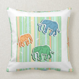 Elephant Pattern On Green Stripes Throw Pillow