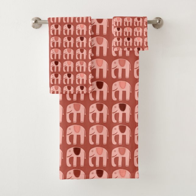 Elephant Pattern Red Pink Bath Towel Set (Insitu)