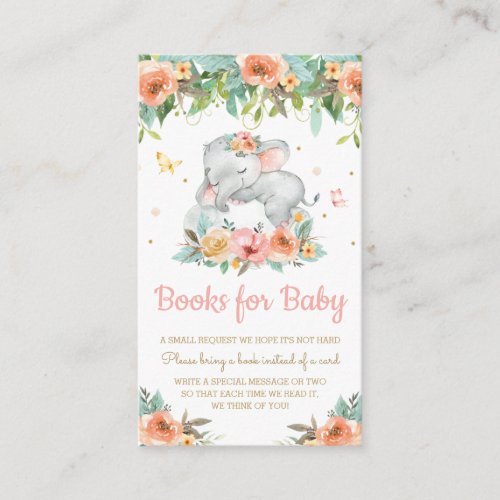 Elephant Peach Floral Baby Shower Books for Baby Enclosure Card