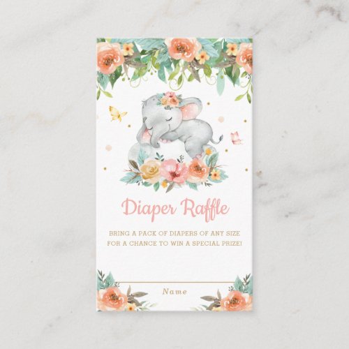 Elephant Peach Floral Baby Shower Diaper Raffle Enclosure Card