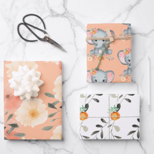 Elephant Peach Fuzz Baby Shower Cute Girly Floral Wrapping Paper Sheets