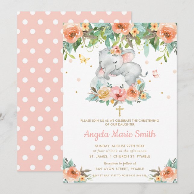 Elephant Peach Pink Floral Baptism Christening Invitation (Front/Back)