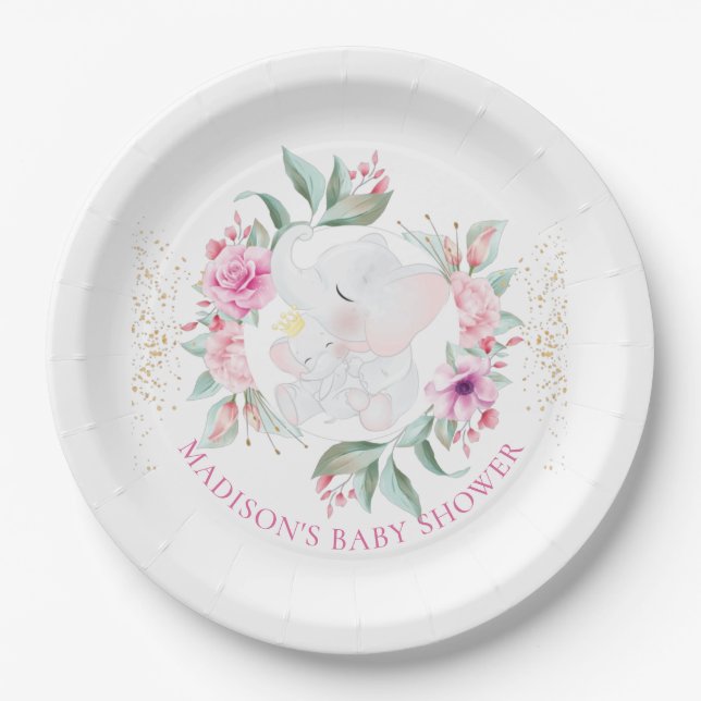 Elephant Personalized girl baby shower  Paper Plates (Front)