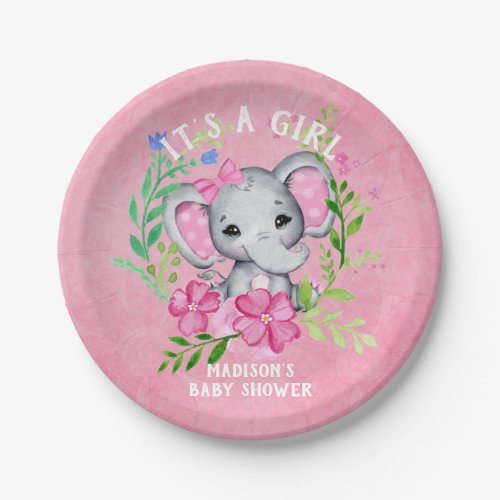 Elephant Personalized Girls Baby Shower Paper Plates