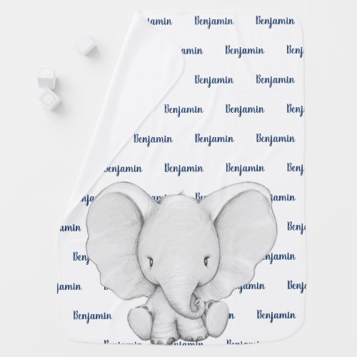 Elephant Personalized Navy Blue Name Boy Baby Blanket