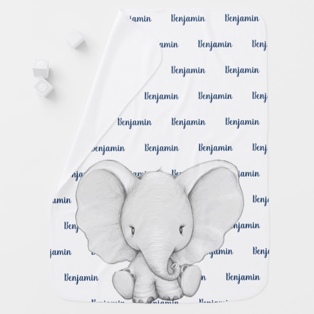 Elephant Personalized Navy Blue Name Boy Baby Blanket (In Situ)