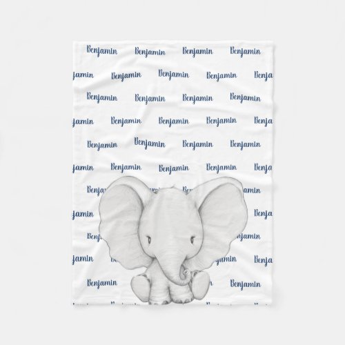 Elephant Personalized Navy Blue Name Boy Fleece Blanket