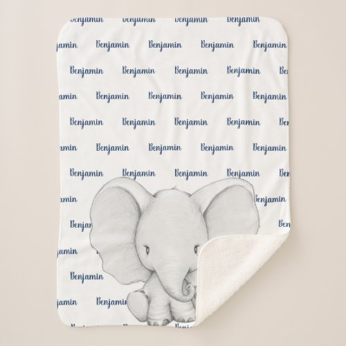 Elephant Personalized Navy Blue Name Boy Sherpa Blanket