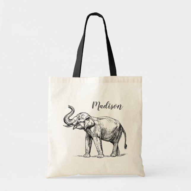 Elephant Personalized Tote Bag. Gray Elephant (Front)