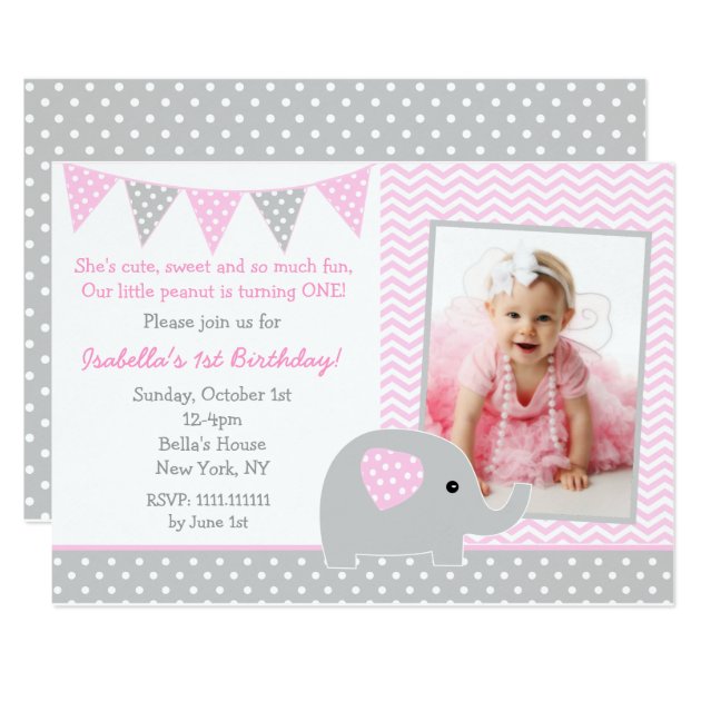 Elephant Photo Birthday Party Invitations