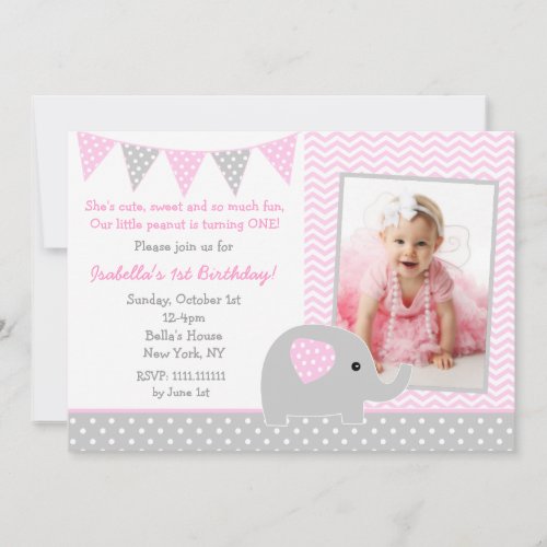 Elephant Photo Birthday Party Invitations