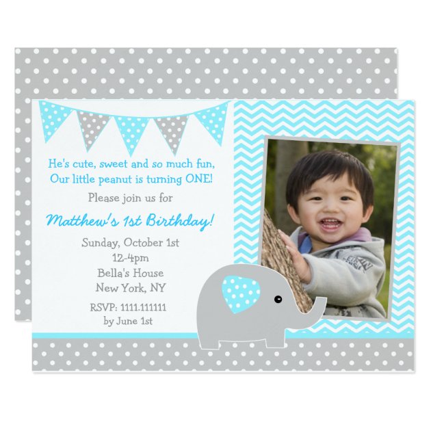 Elephant Photo Birthday Party Invitations For Boy