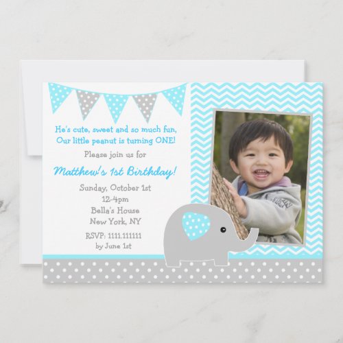 Elephant Photo Birthday Party Invitations for Boy