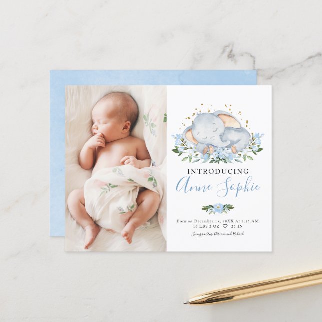 Elephant Photo Budget Birth Announcement Cards (Front/Back In Situ)