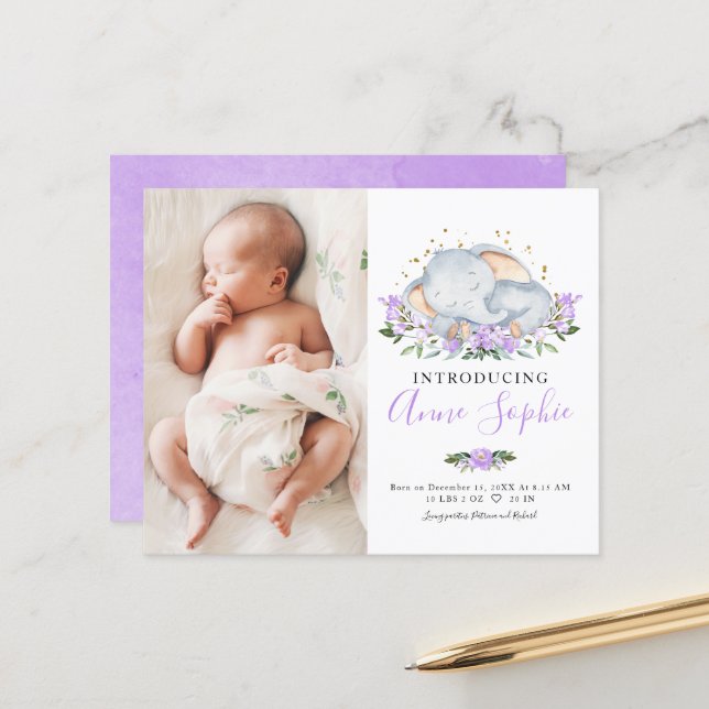 Elephant Photo Budget Birth Announcement Cards (Front/Back In Situ)