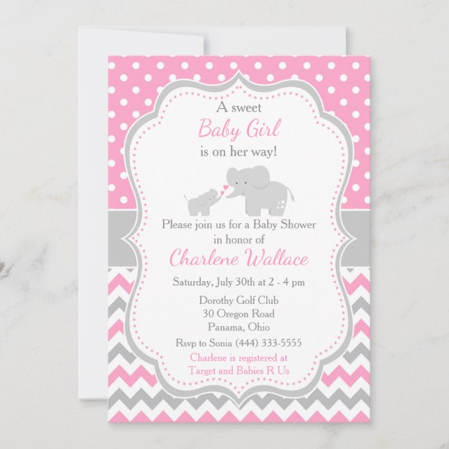 Elephant Pink and Gray Baby Shower Invitation (Front)