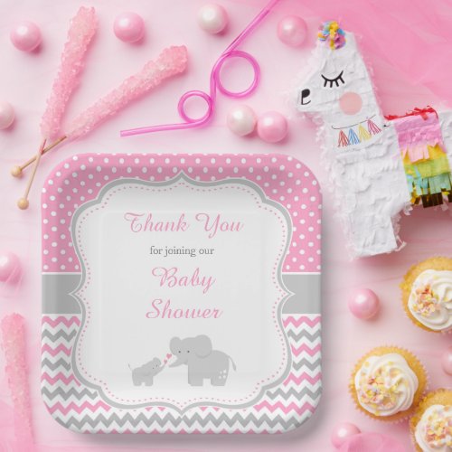 Elephant Pink and Gray Baby Shower Party Paper Plates