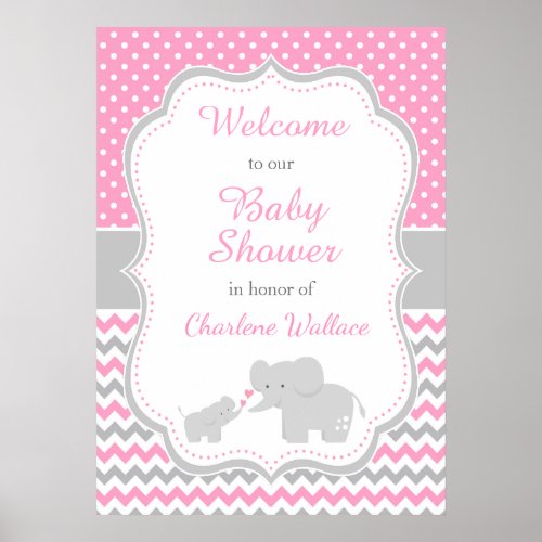 Elephant Pink and Gray Baby Shower Party Poster