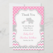 Elephant Pink and Gray Baby Shower Thank You Card