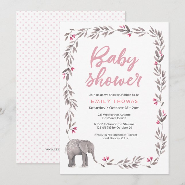 Elephant pink and grey Baby Shower Invitation (Front/Back)