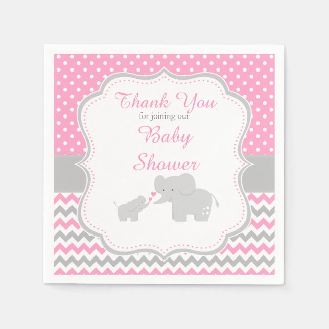 Elephant Pink and Grey Baby Shower Party Napkins (Front)