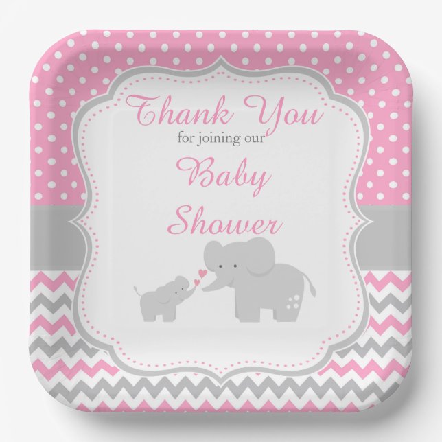 Elephant Pink and Grey Baby Shower Party Paper Plates (Front)