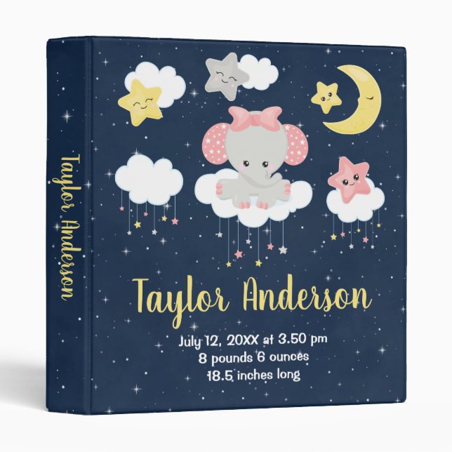 Elephant Pink and Navy Baby Birth Statistics 3 Ring Binder (Front/Spine)