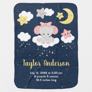 Elephant Pink and Navy Baby Birth Statistics Baby Blanket