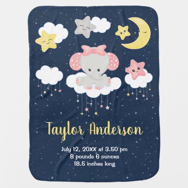 Elephant Pink and Navy Baby Birth Statistics Baby Blanket (Front)
