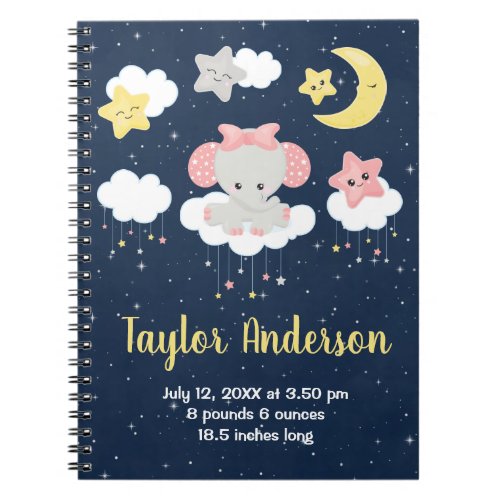 Elephant Pink and Navy Baby Birth Statistics Notebook