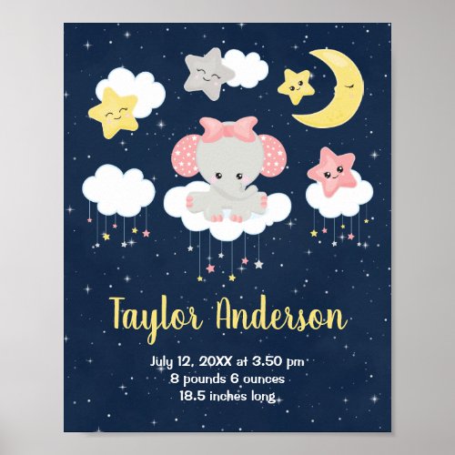 Elephant Pink and Navy Baby Birth Statistics Poster