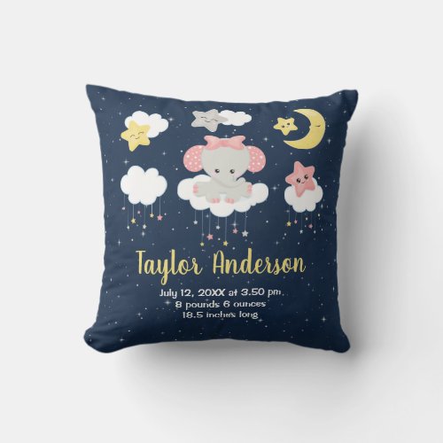 Elephant Pink and Navy Baby Birth Statistics Throw Pillow