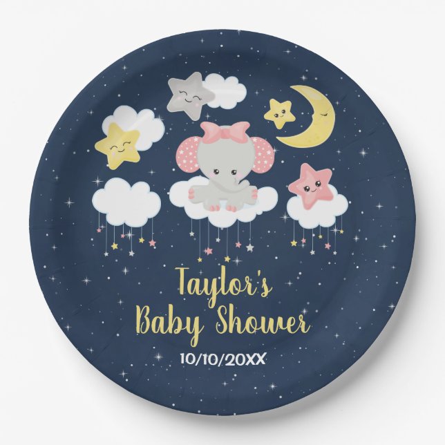Elephant Pink and Navy Baby Shower Paper Plates (Front)