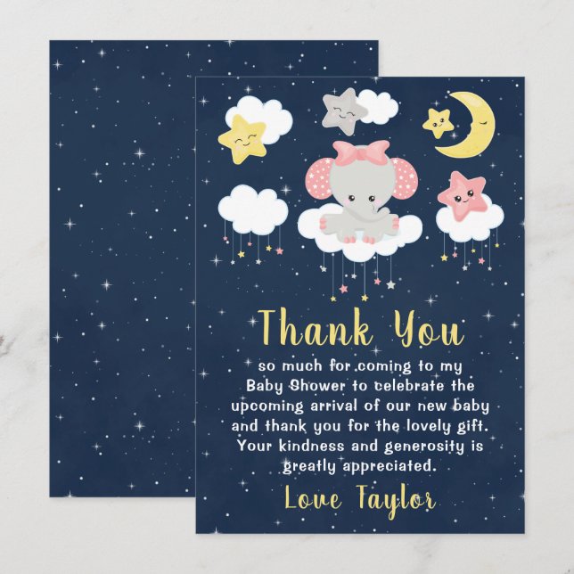 Elephant Pink and Navy Baby Shower Thank You Card (Front/Back)