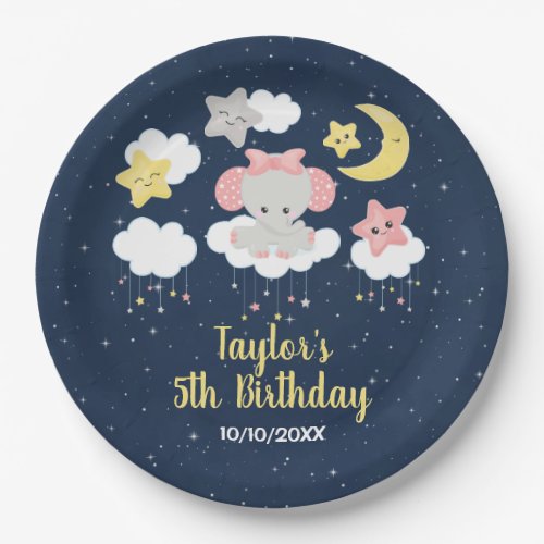 Elephant Pink and Navy Birthday Party Paper Plates