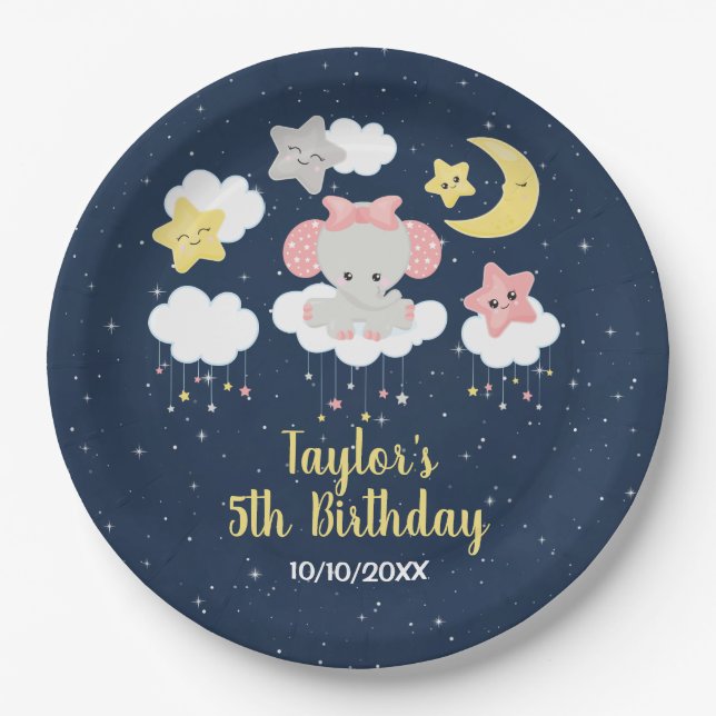 Elephant Pink and Navy Birthday Party Paper Plates (Front)