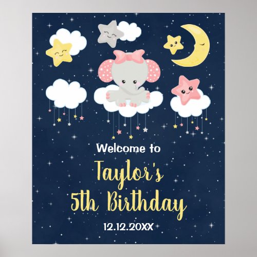 Elephant Pink and Navy Birthday Party Welcome Poster