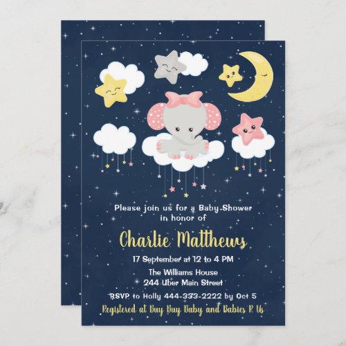 Elephant Pink and Navy Blue Baby Shower Invitation