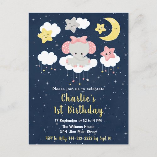 Elephant Pink and Navy Blue Birthday Party Postcard
