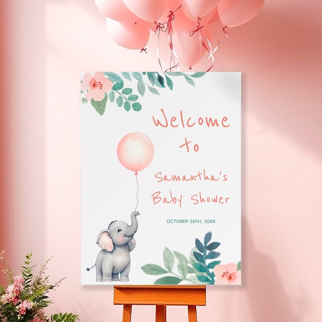 Elephant Pink Balloon Baby Shower Welcome Sign (Creator Uploaded)